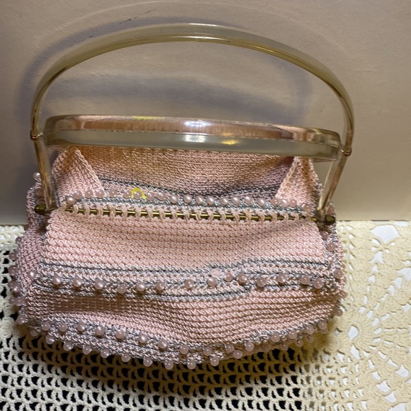 Handmade repurposed crocheted and beaded handbag with acrylic handles - Picture 3 of 10